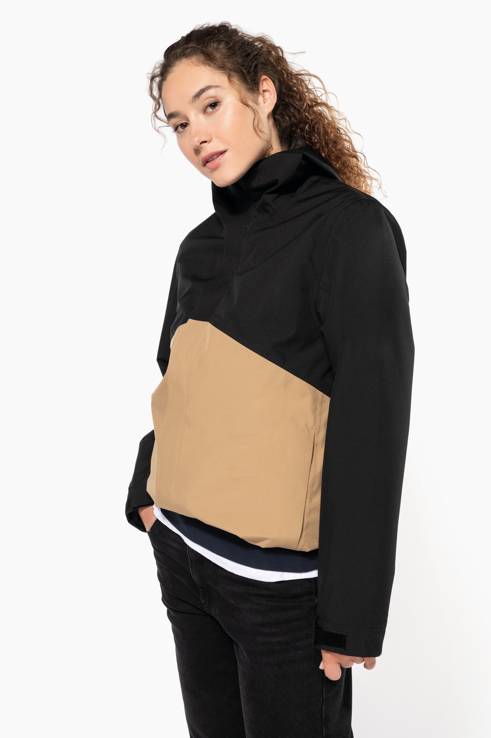Parka 3 em 1 impermeável com capuz bicolor unissexo