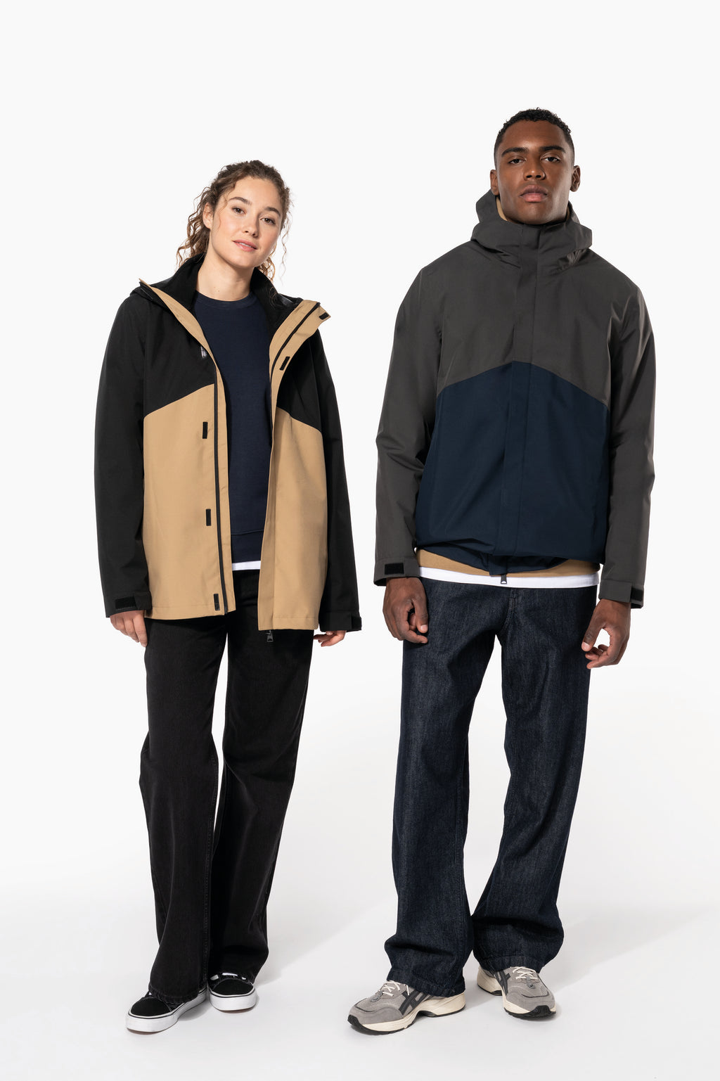 Parka 3 em 1 impermeável com capuz bicolor unissexo