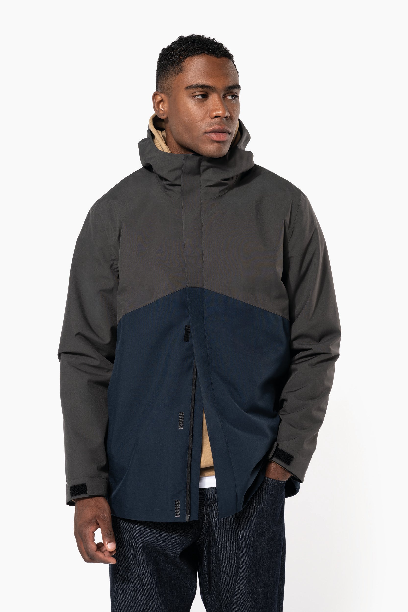 Parka 3 em 1 impermeável com capuz bicolor unissexo