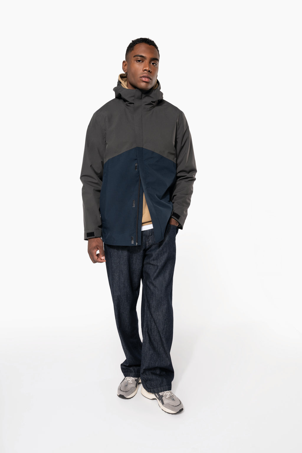 Parka 3 em 1 impermeável com capuz bicolor unissexo
