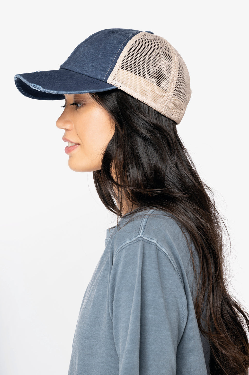 Boné trucker eco-responsável com efeito rasgado unissexo