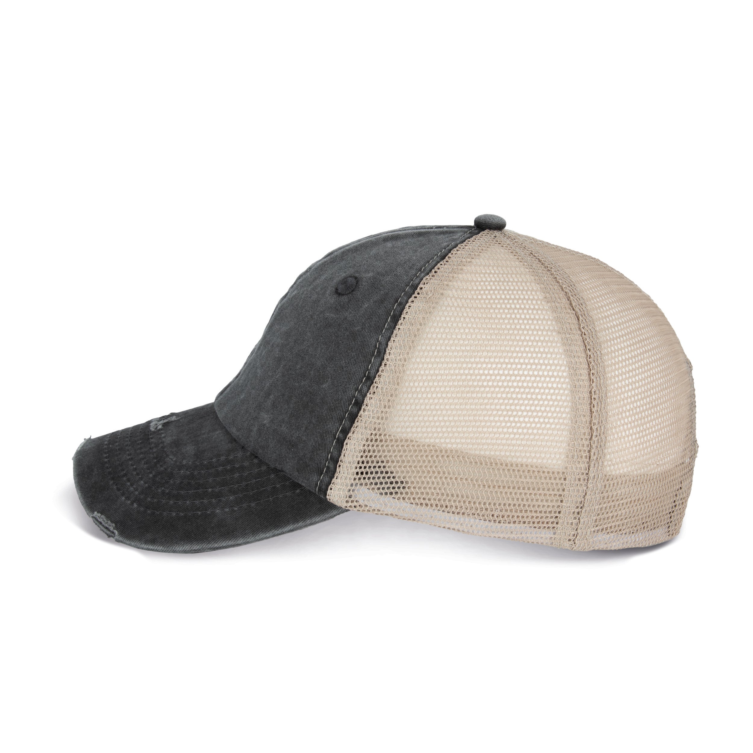Boné trucker eco-responsável com efeito rasgado unissexo