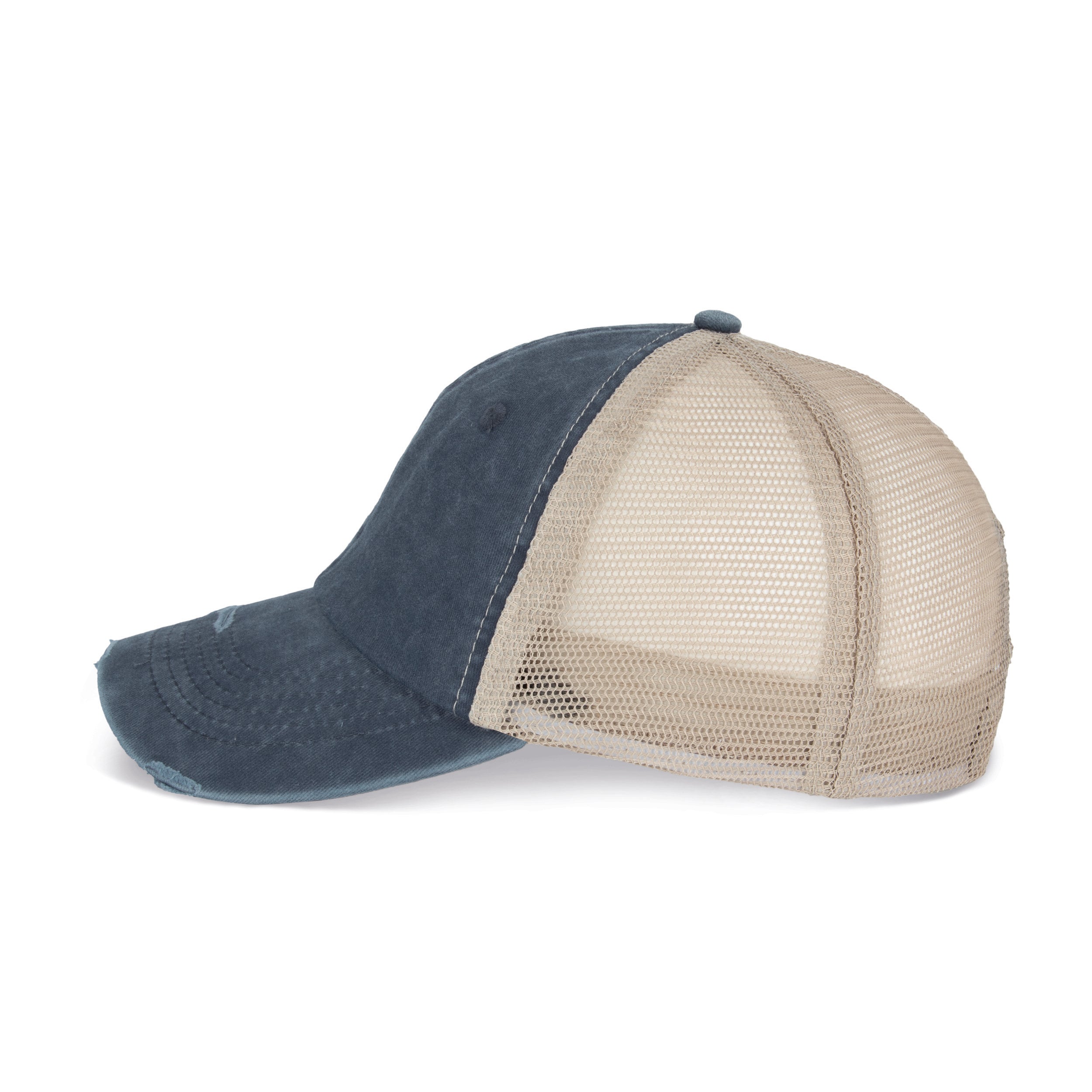 Boné trucker eco-responsável com efeito rasgado unissexo