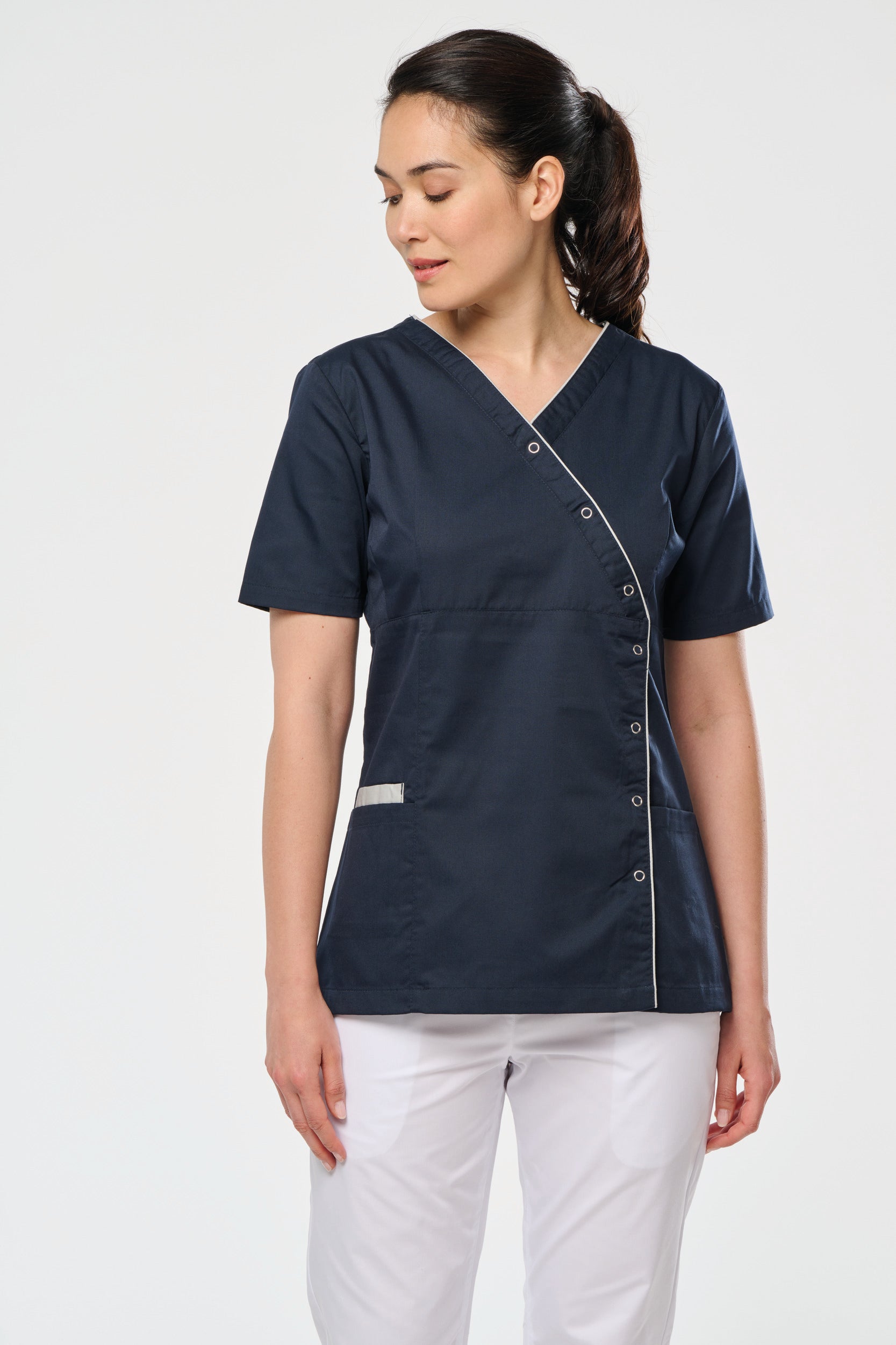 Bata poliéster/algodão com molas de pressão de senhora
