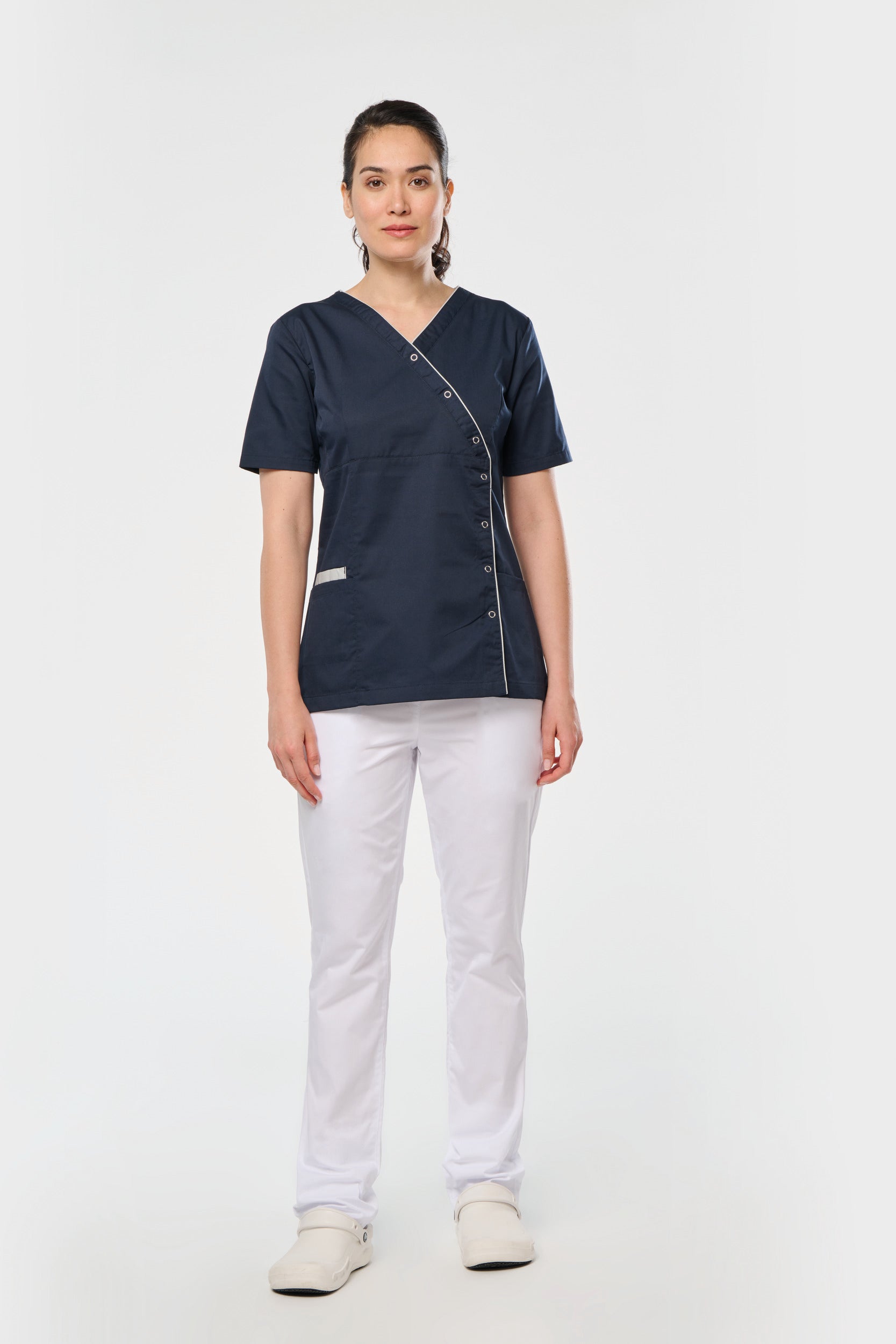 Bata poliéster/algodão com molas de pressão de senhora